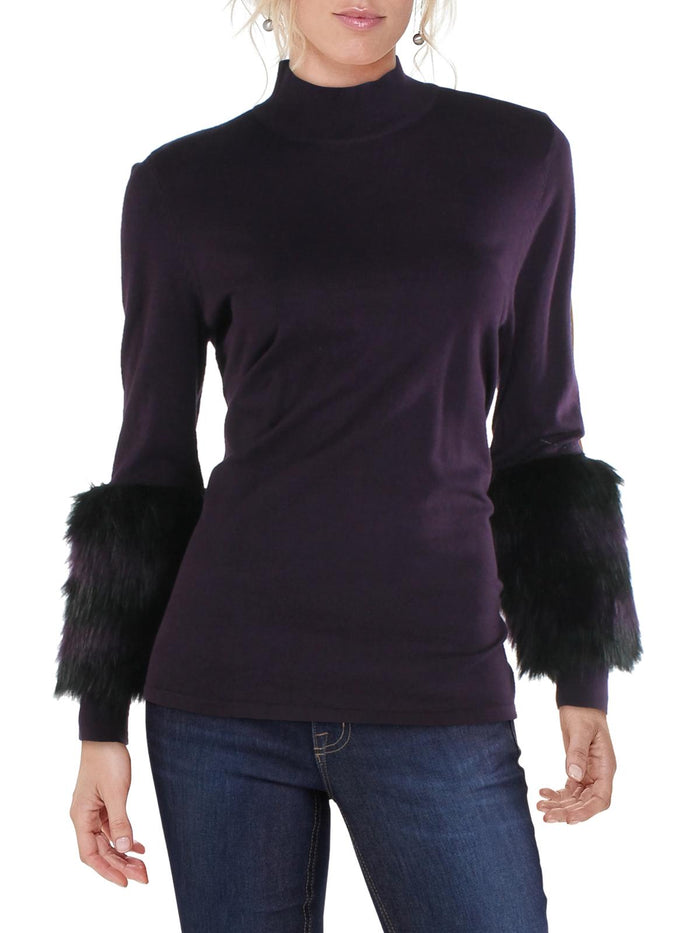 Alfani Womens Fur Cuff Striped Mock Turtleneck Sweater - Large