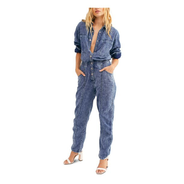 Free People Womens Blue 3/4 Sleeve V Neck Button up Straight Leg Jumpsuit Size M