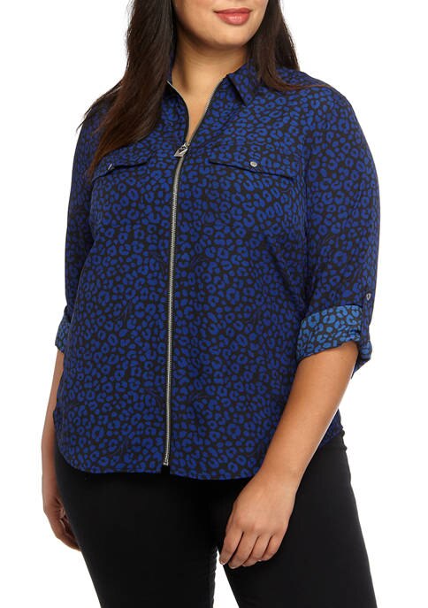 MICHAEL Michael Kors Black/Twilight Blue Plus Size Cheetah Print Dog Tag Shirt XL