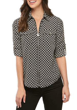 MICHAEL Michael Kors Circle Logo Dog Tag Top (Black/Bone) Women's Clothing