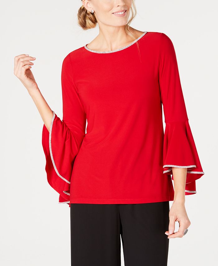 Msk Rhinestone-Trim Bell-Sleeve Top - Bright Red - XL