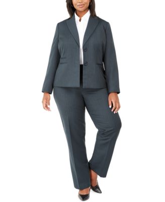 Le Suit Plus Size Pinstripe Two-Button Pant Suit - Deep Forest
