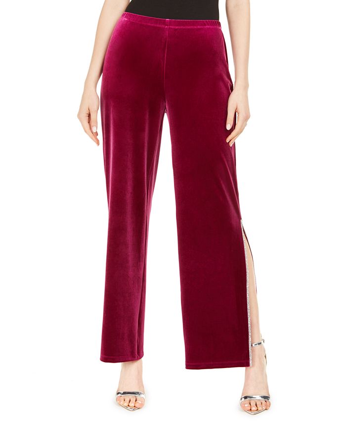 MSK Womens Maroon Slitted Embellished Velvet Solid Evening Pants: Size L (RED)