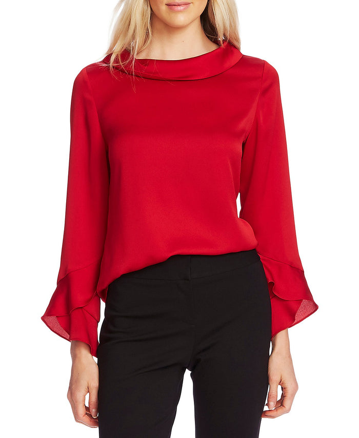 Vince Camuto Tulip Red Women's Mock Neck Ruffle Sleeve Blouse