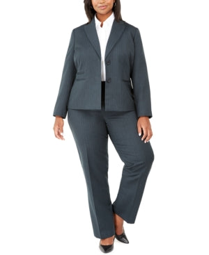 Le Suit Plus Size Pinstripe Two-Button Pant Suit - Deep Forest