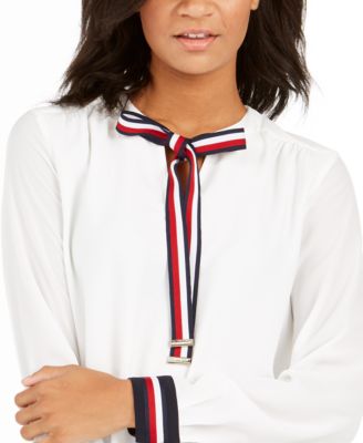 Tommy Hilfiger Women's Blouses IVORY/MIDNIGHT - Ivory & Midnight Ribbon Tie-Neck Long-Sleeve Top - Women