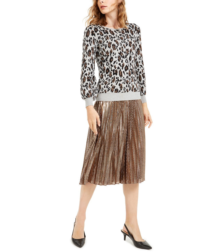 Alfani Womens Animal Print Metallic Crewneck Sweater