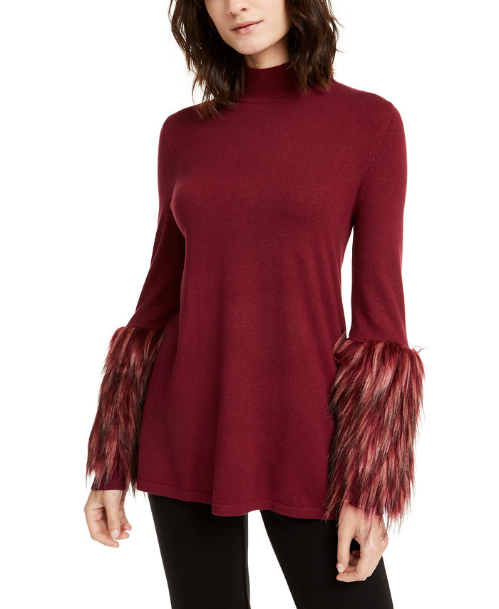 Alfani Faux-Fur-Cuff Mock-Neck Sweater, Created for Macy's - Malbec