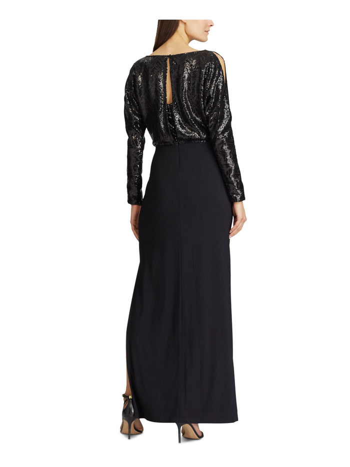 Ralph Lauren Womens Black Sequined Cut Out Long Sleeve Jewel Neck Maxi Sheath Evening Dress Size 10 - All