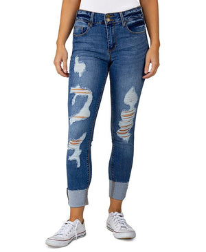 Indigo Rein Juniors Distressed Roll Cuff Jeans - US Size 3 ( W 25 )