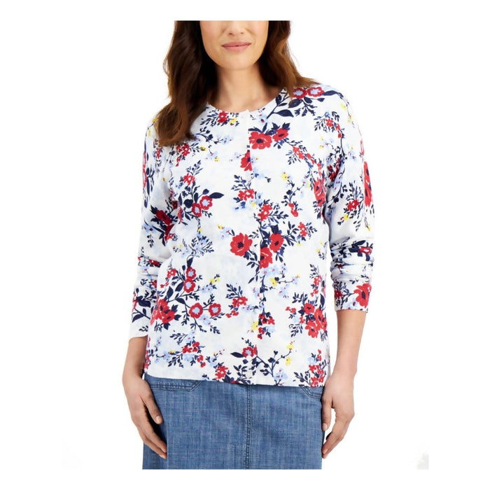 KAREN SCOTT Womens White Floral Button up Sweater - Size Petites Large