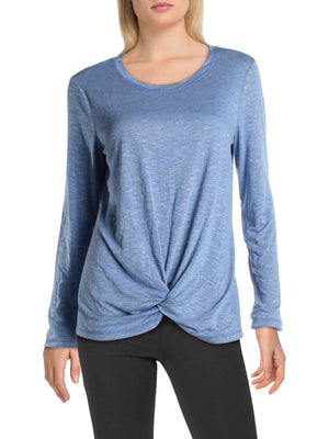 Ideology Womens Blue Knotted-bottom Long Sleeve Crew Neck T-Shirt