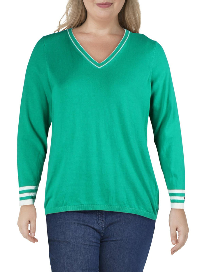 Tommy Hilfiger Womens Plus Cotton V-Neck Pullover Sweater