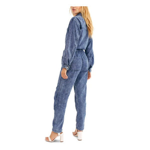 Free People Womens Blue 3/4 Sleeve V Neck Button up Straight Leg Jumpsuit Size M