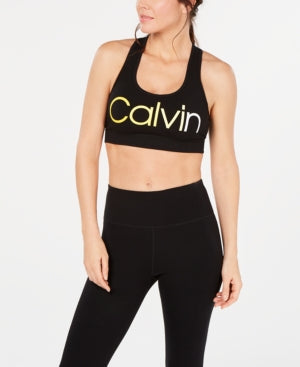 Calvin Klein Performance Ombre Logo Racerback Bra, Black/Yellow - Small - NEW