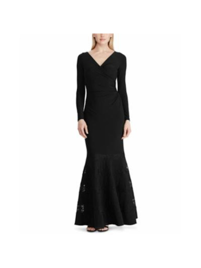 Ralph Lauren Womens Black Lace Long Sleeve V Neck Full-Length Peasant Evening Dress Size 16 - All
