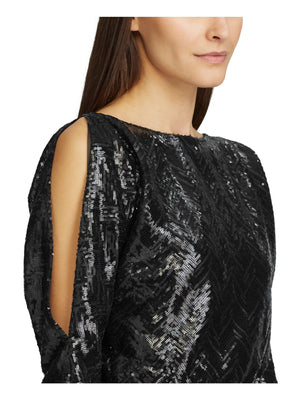 Ralph Lauren Womens Black Sequined Cut Out Long Sleeve Jewel Neck Maxi Sheath Evening Dress Size 10 - All