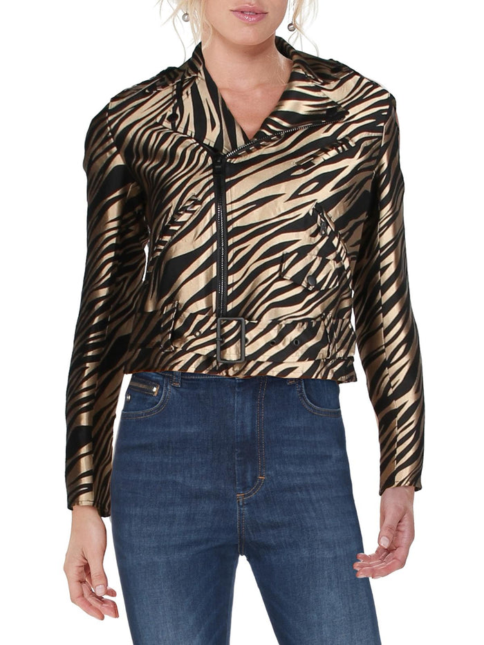 Anne Klein Womens Oasis Animal Print Metallic Motorcycle Jacket