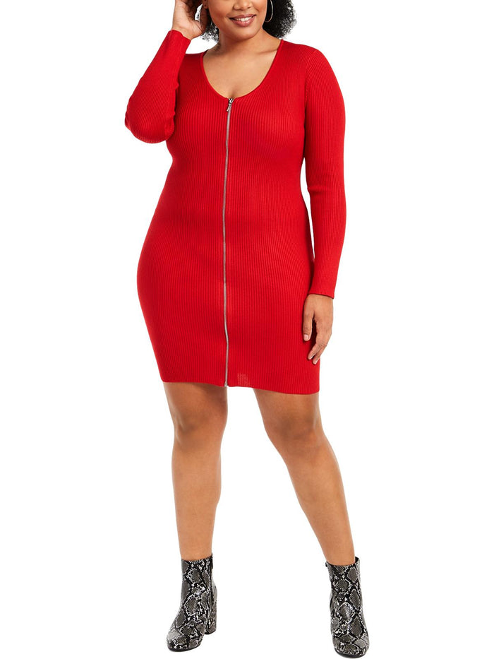 Planet Gold Womens Red Zippered Long Sleeve Jewel Neck Short Body Con Dress Plus Size 2X