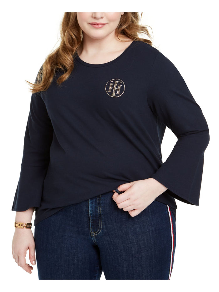 Tommy Hilfiger Womens Navy Bell Sleeve Jewel Neck T-Shirt Top Size 2X - All