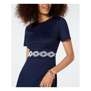 MICHAEL KORS Womens Blue Short Sleeve Jewel Neck Above the Knee Sheath Wear to Work Dress Size L