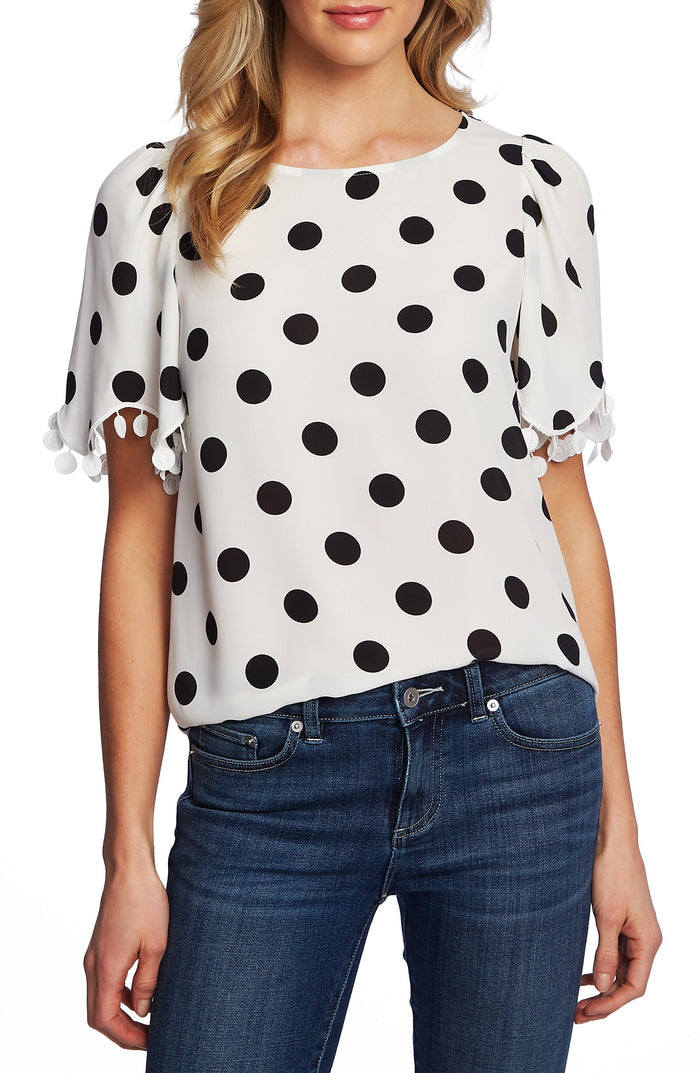 CeCe Dot-Print Embroidered-Trim Top - Soft Ecru