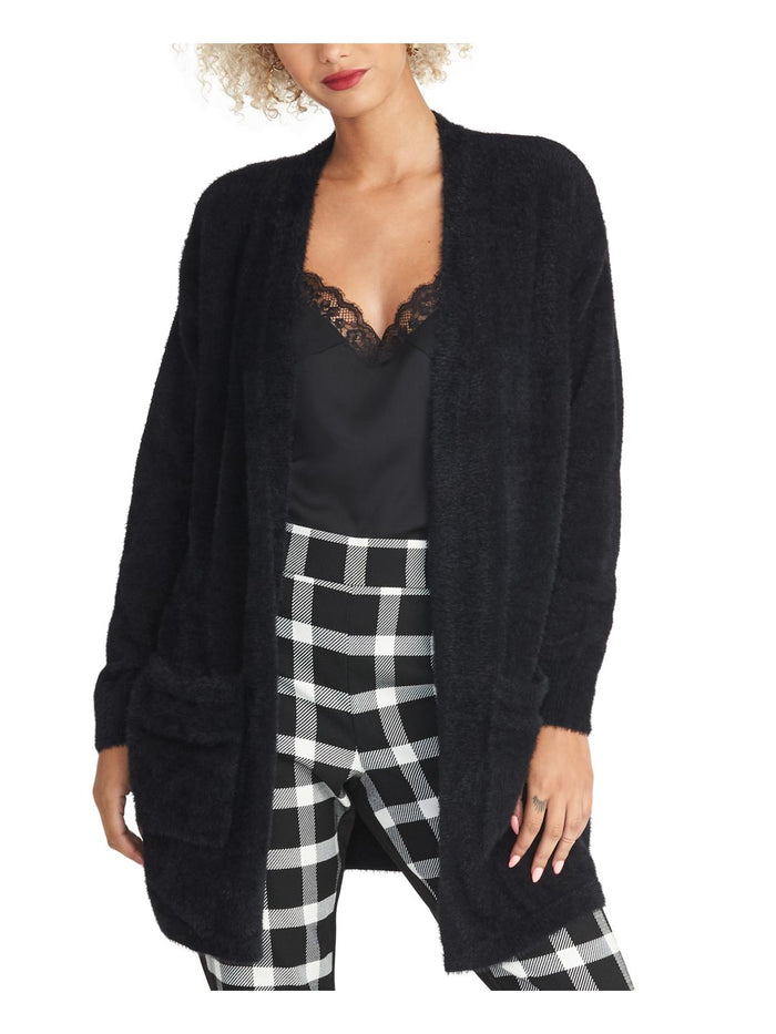 Rachel Roy Womens Black Faux Fur Fuzzy Long Sleeve Open Cardigan Sweater Size M - All