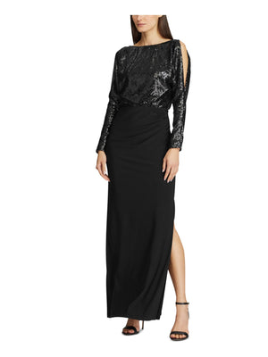 Ralph Lauren Womens Black Sequined Cut Out Long Sleeve Jewel Neck Maxi Sheath Evening Dress Size 10 - All