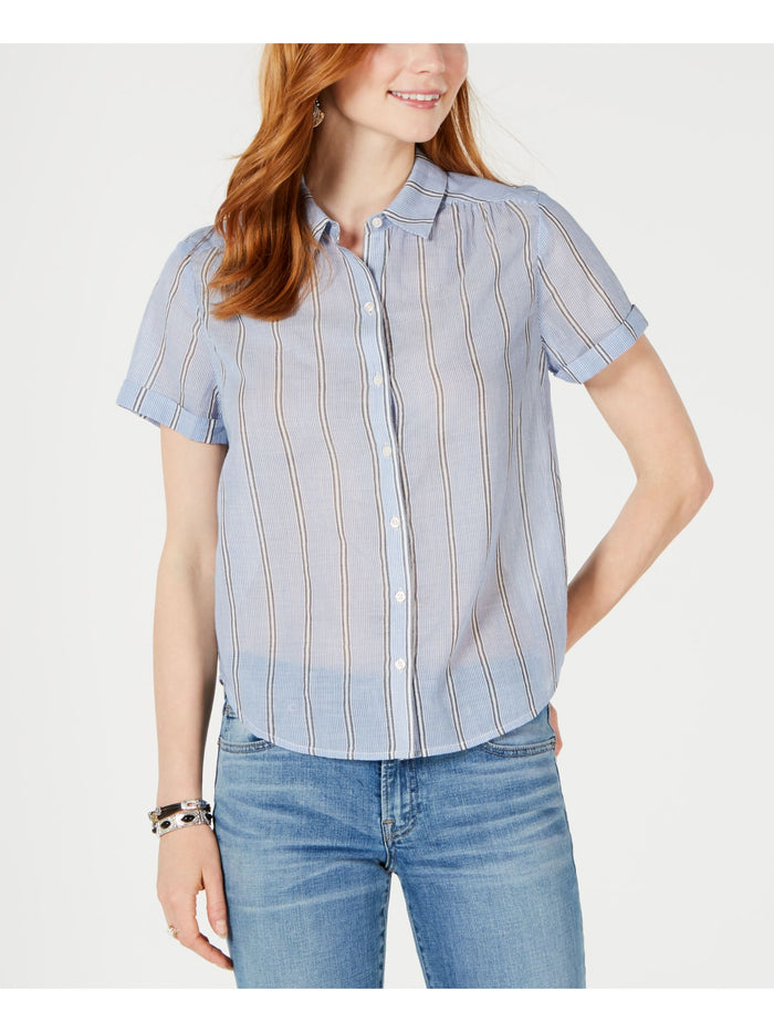 LUCKY BRAND Womens Blue Striped Short Sleeve Collared Button up Top Size: M