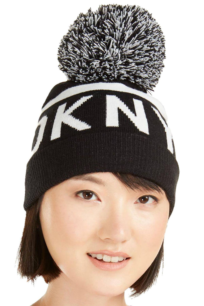 Dkny Logo Stadium Beanie with Pom - Black/White