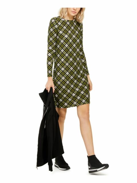 Michael Kors Womens Green Plaid Long Sleeve Crew Neck Knee Length Shift Dress Size Xs - All