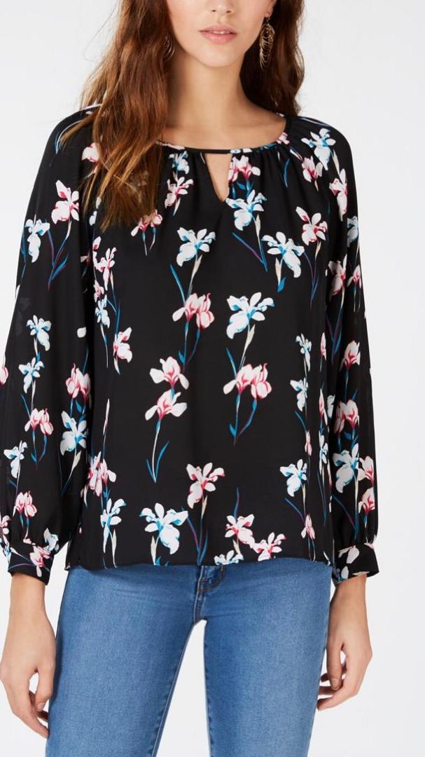 INC Women's Blouse Small Floral Printed Keyhole Pleated S