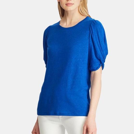 Lauren Ralph Lauren Womens Linen Blend Crew Neck Pullover Top Blue XS