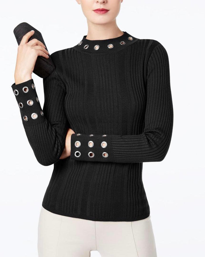 I.n.c. Ribbed-Knit Mock-Neck Grommet Sweater