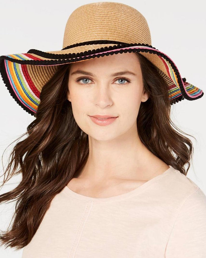 Betsey Johnson Pom Pom Striped Floppy Hat - Tan/Multi