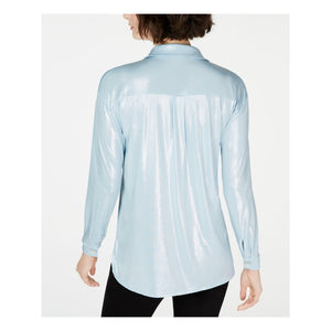 INC Womens Light Blue Long Sleeve Collared Hi-Lo Top Size M