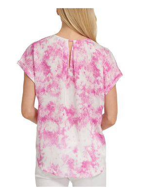 Dkny Womens Pink Tie Dye Short Sleeve V Neck Top Size Xl - All
