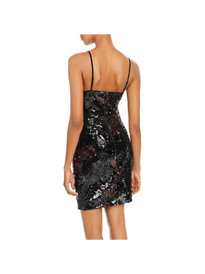 Guess Womens Black Sequined Zippered Spaghetti Strap Square Neck Short Sheath Party Dress Size L - All