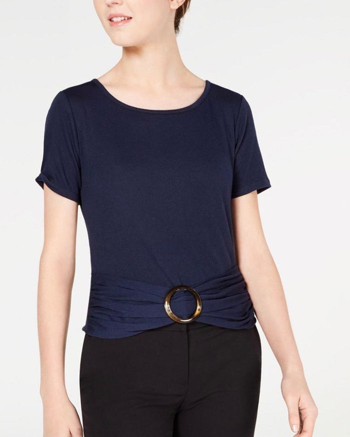 Bcx Textured Ruched O-Ring Blouse - Navy