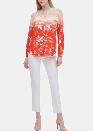 Calvin Klein Floral-Print Flap-Pocket Top - Tango Latte