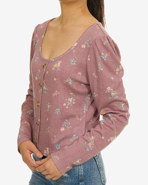 Hippie Rose Juniors' Pointelle-Knit Button-Trimmed Floral Top - Medium