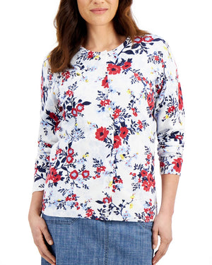 KAREN SCOTT Womens White Floral Button up Sweater - Size Petites Large