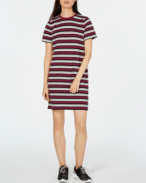 MICHAEL Michael Kors Uneven Stripe T-Shirt Dress (Bone/Garnet) Women's Clothing