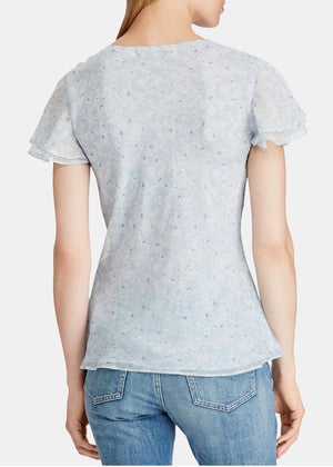 RALPH LAUREN Womens Light Blue Floral V Neck Top Size: S