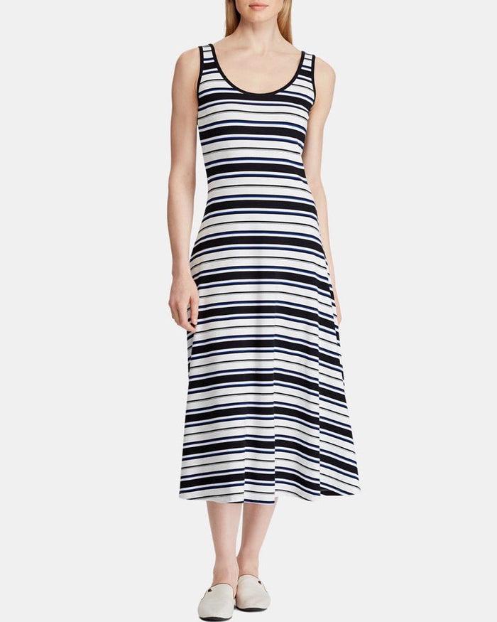 Ralph Lauren Womens Navy Striped Sleeveless Scoop Neck MIDI Fit Flare Dress