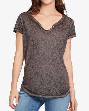 William Rast Womens Gray Embellished Short Sleeve Scoop Neck Top - Size S
