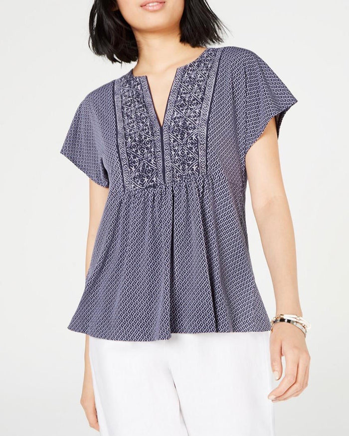 MICHAEL Michael Kors True Navy Geo Border Flutter Sleeve Knit Top