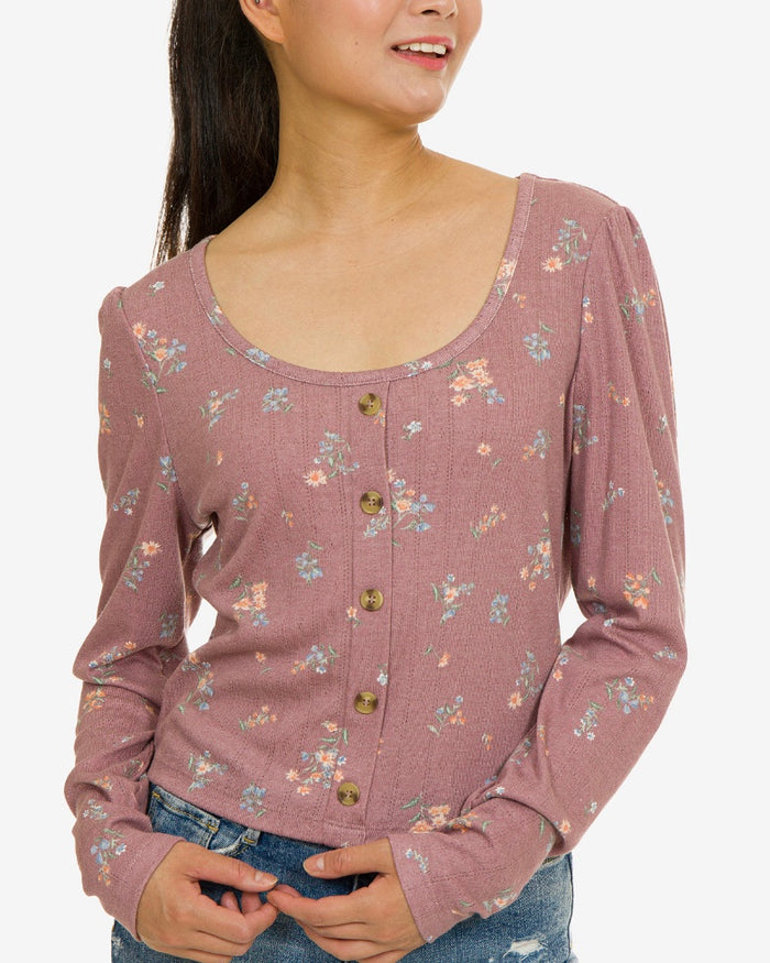 Hippie Rose Juniors' Pointelle-Knit Button-Trimmed Floral Top - Medium