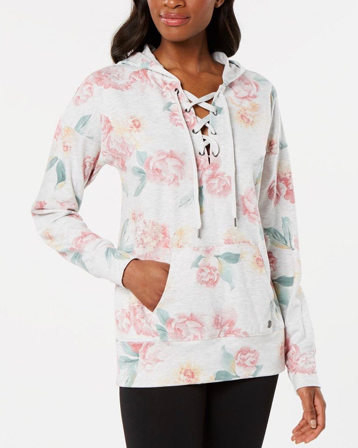 Ideology Floral-Print Lace-up Hoodie, Created for Macy's - Sweet Carnation