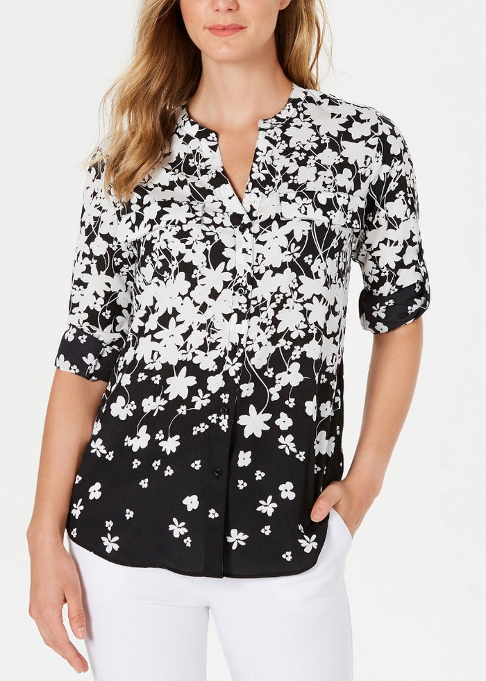 Calvin Klein Geo-Print Roll-Tab Button-up Top